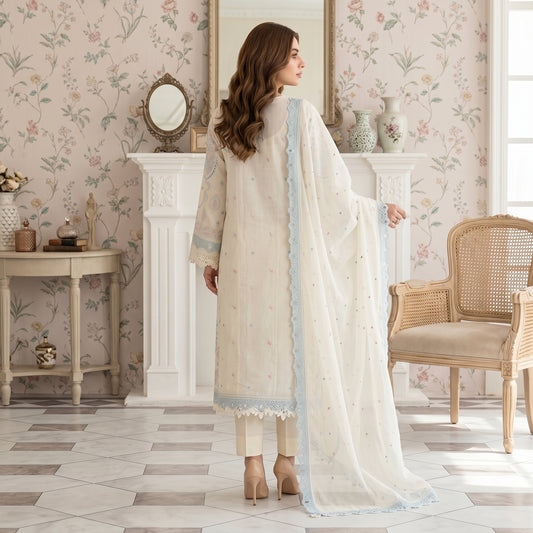 Front view of Ivory Bloom embroidered lawn suit in off white and sky blue