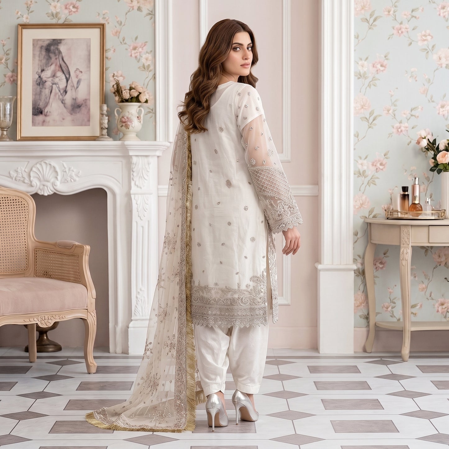 Pearl Elegance heavily embellished fine organza shirt in white and silver