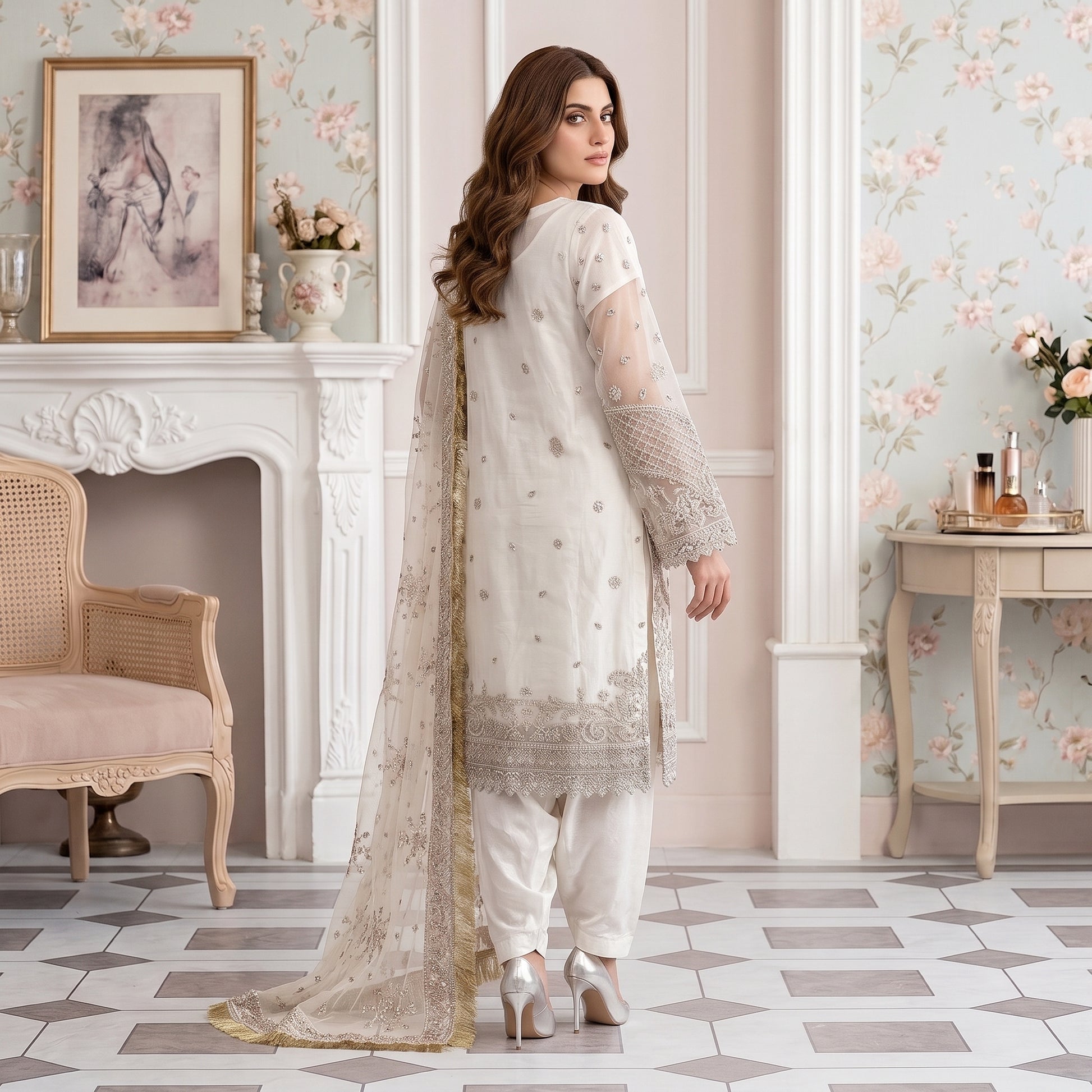 Pearl Elegance heavily embellished fine organza shirt in white and silver
