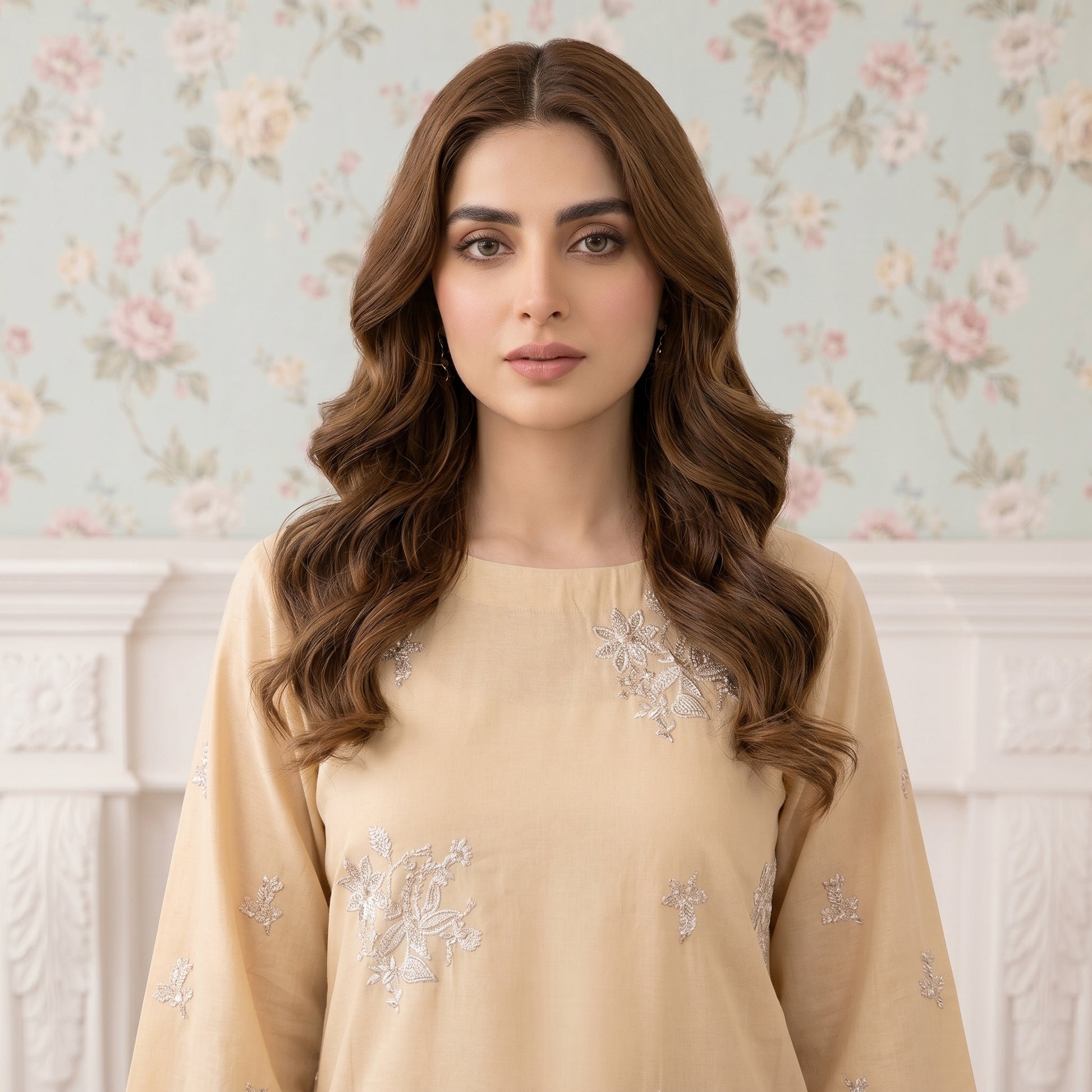 Front view of Champagne Bloom embroidered lawn shirt in beige and silver