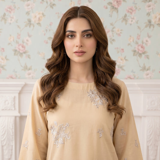 Front view of Champagne Bloom embroidered lawn shirt in beige and silver