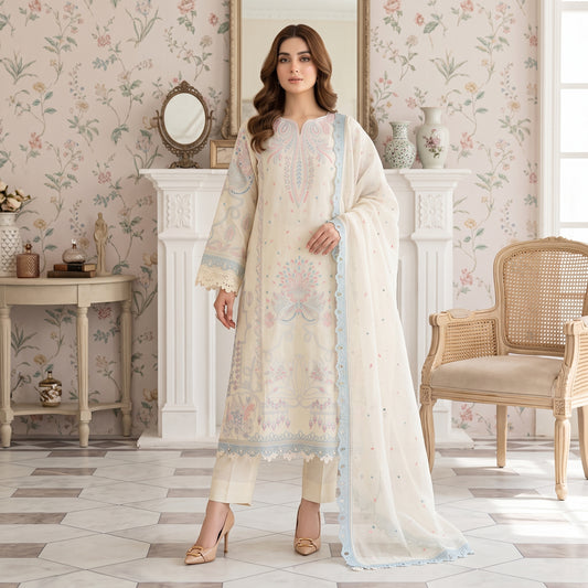 Ivory Bloom embroidered lawn 3-piece unstitched suit by ILHAM PREMIUM