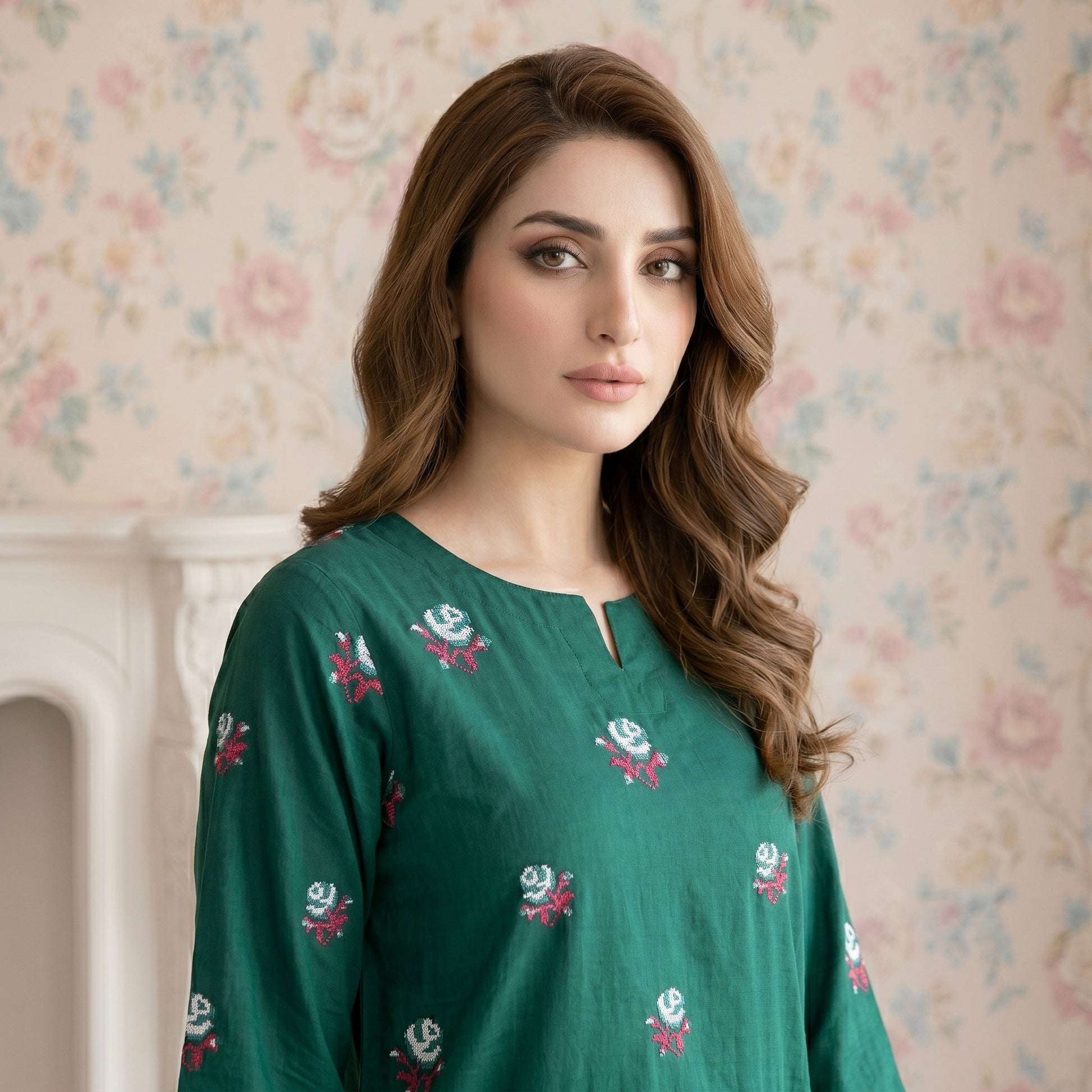 Front view of Emerald Garden embroidered lawn shirt in emerald green and white