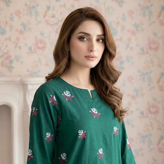 Front view of Emerald Garden embroidered lawn shirt in emerald green and white