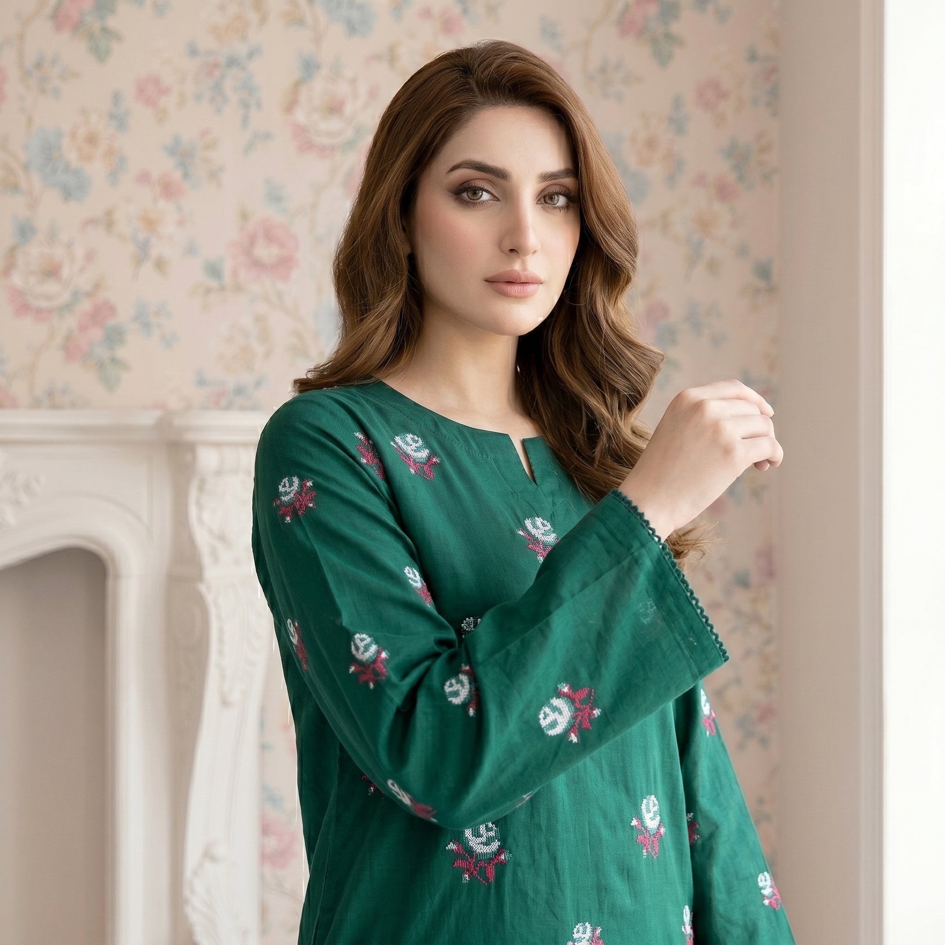 Close-up embroidery detail of Emerald Garden lawn shirt