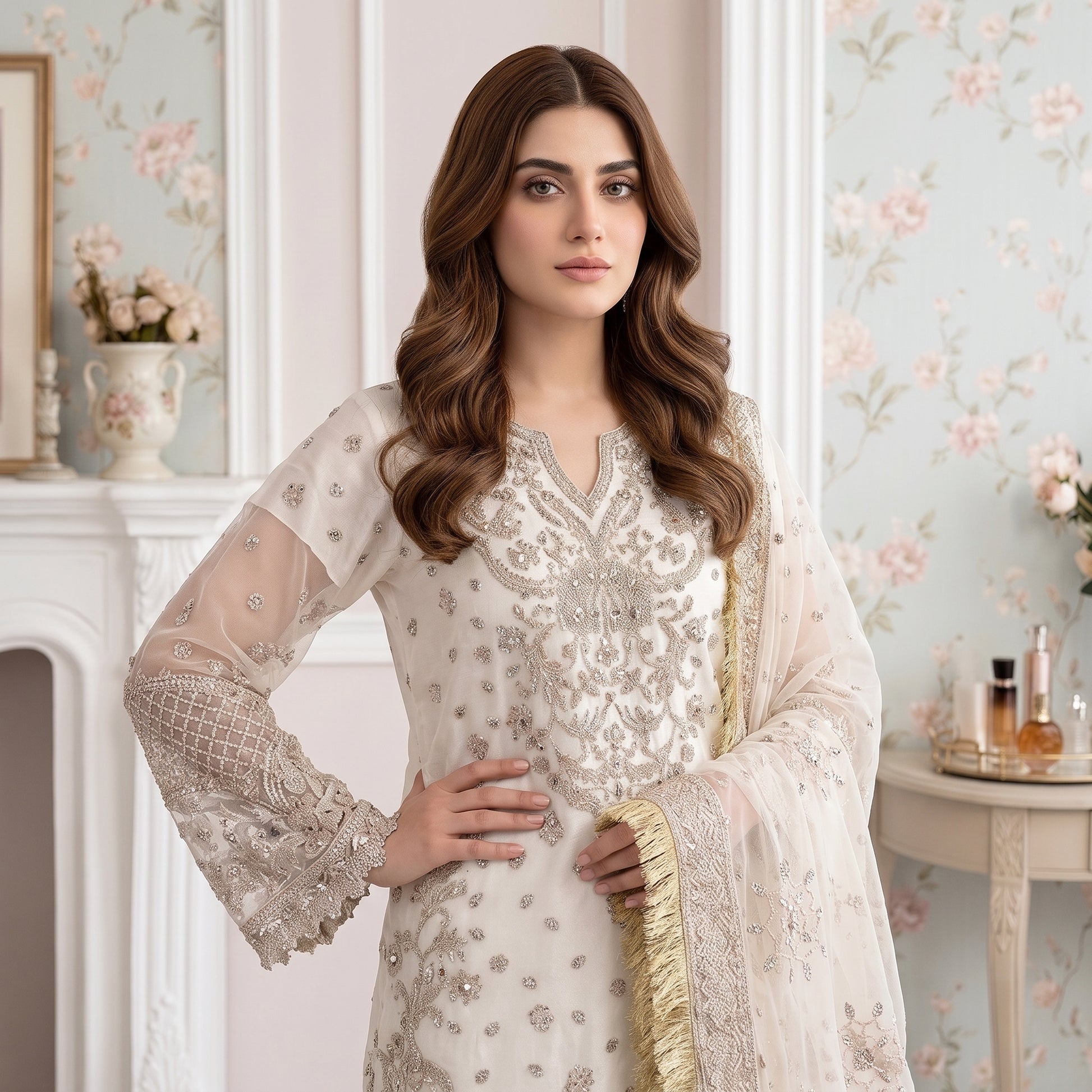Close-up of embellished neckline on Pearl Elegance organza shirt