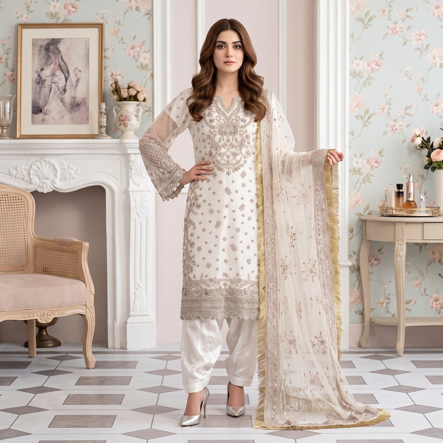Pearl Elegance embellished organza 3-piece suit by ILHAM PREMIUM