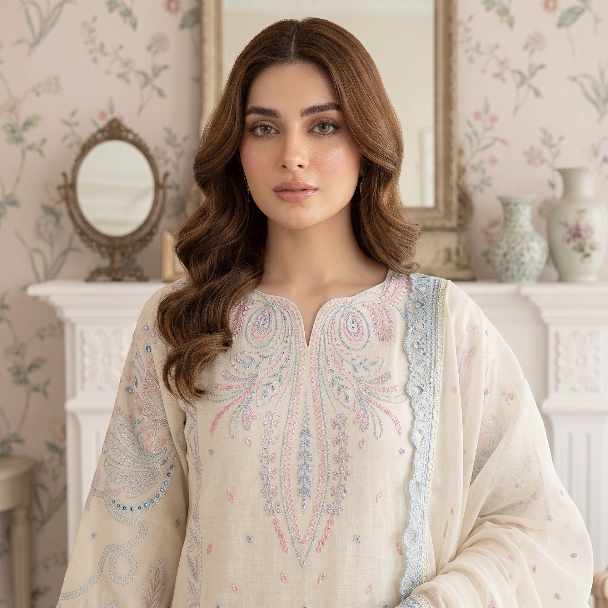 Detailed embroidery on Ivory Bloom premium lawn shirt