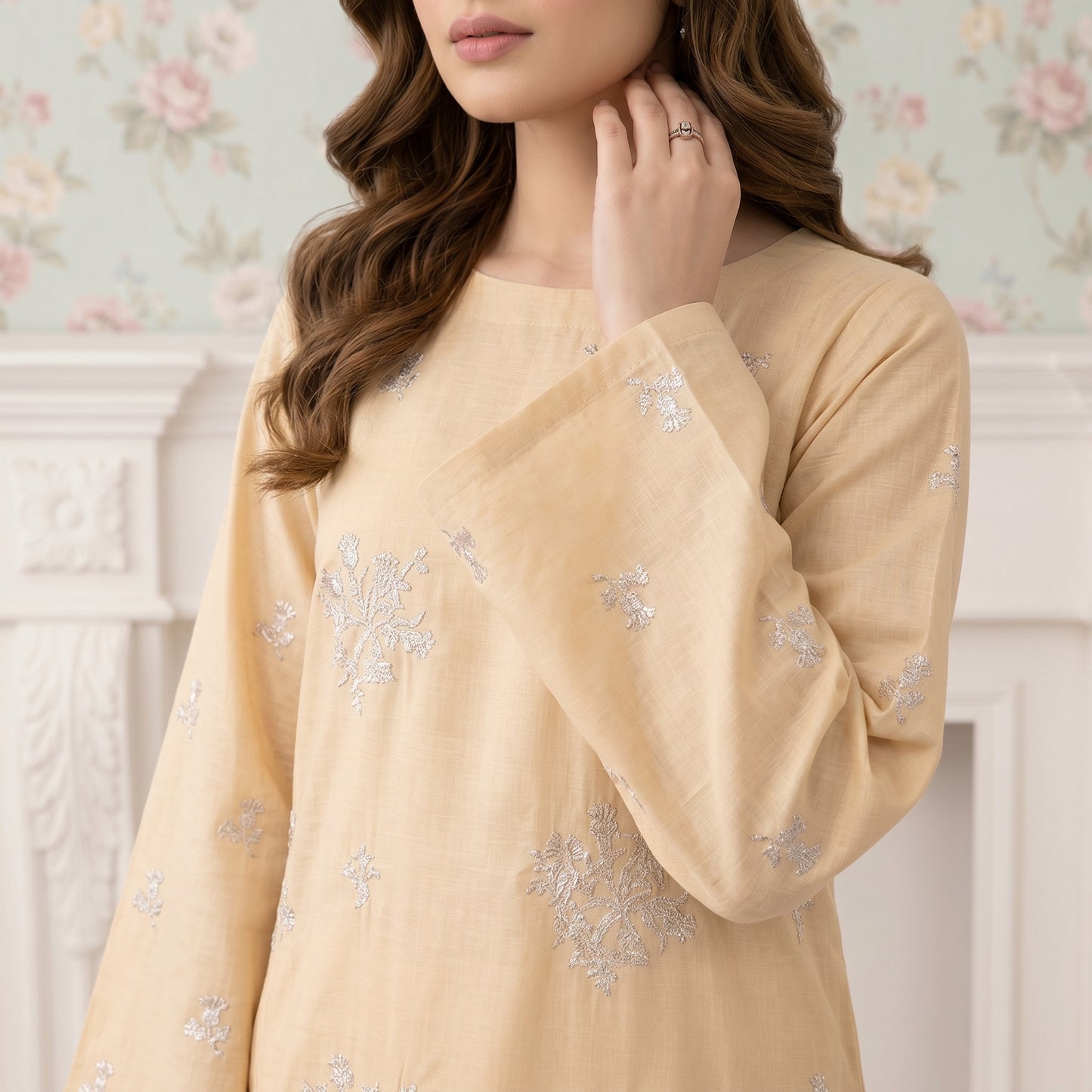 Close-up embroidery detail of Champagne Bloom lawn shirt
