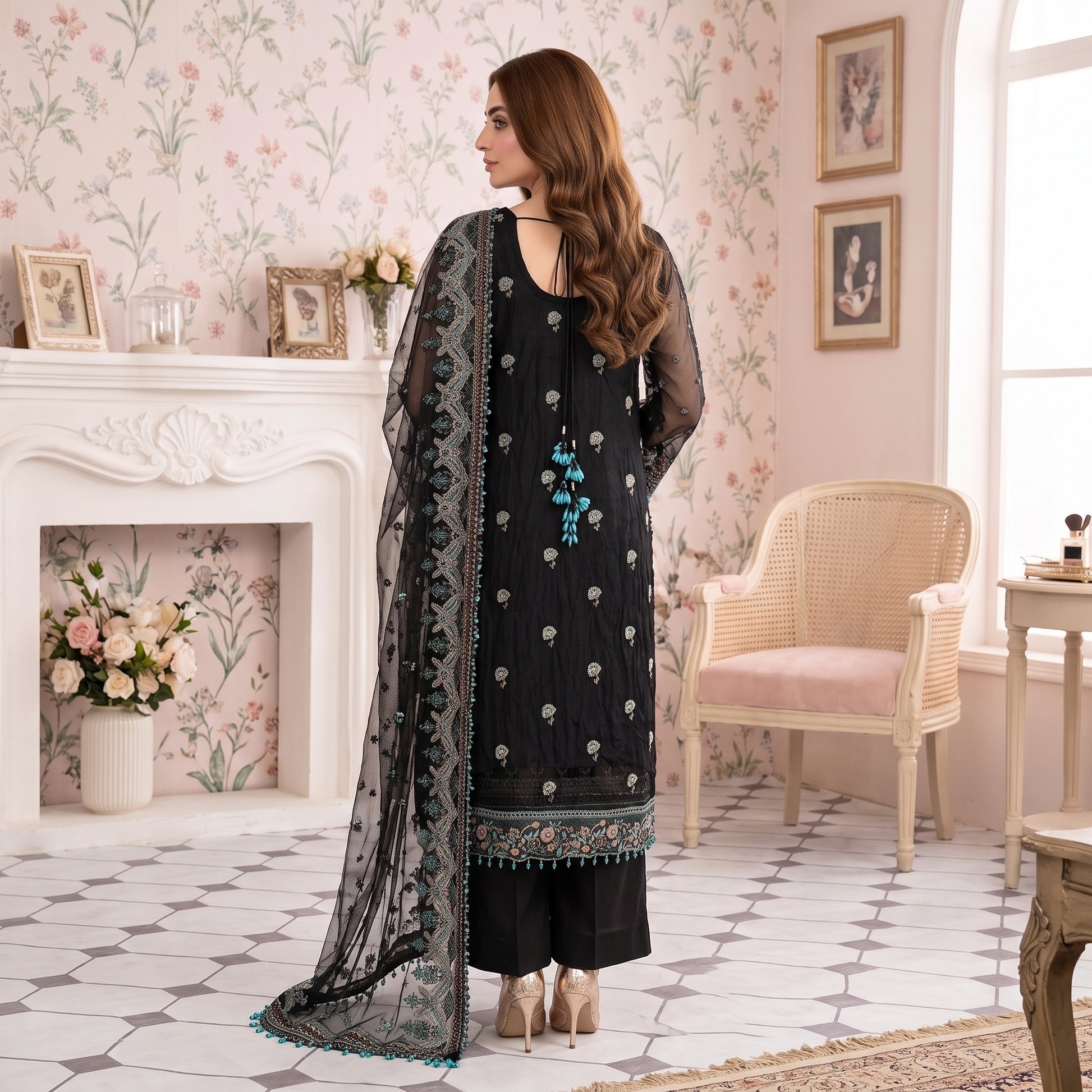 Midnight Opulence black embroidered net shirt with embellished neckline
