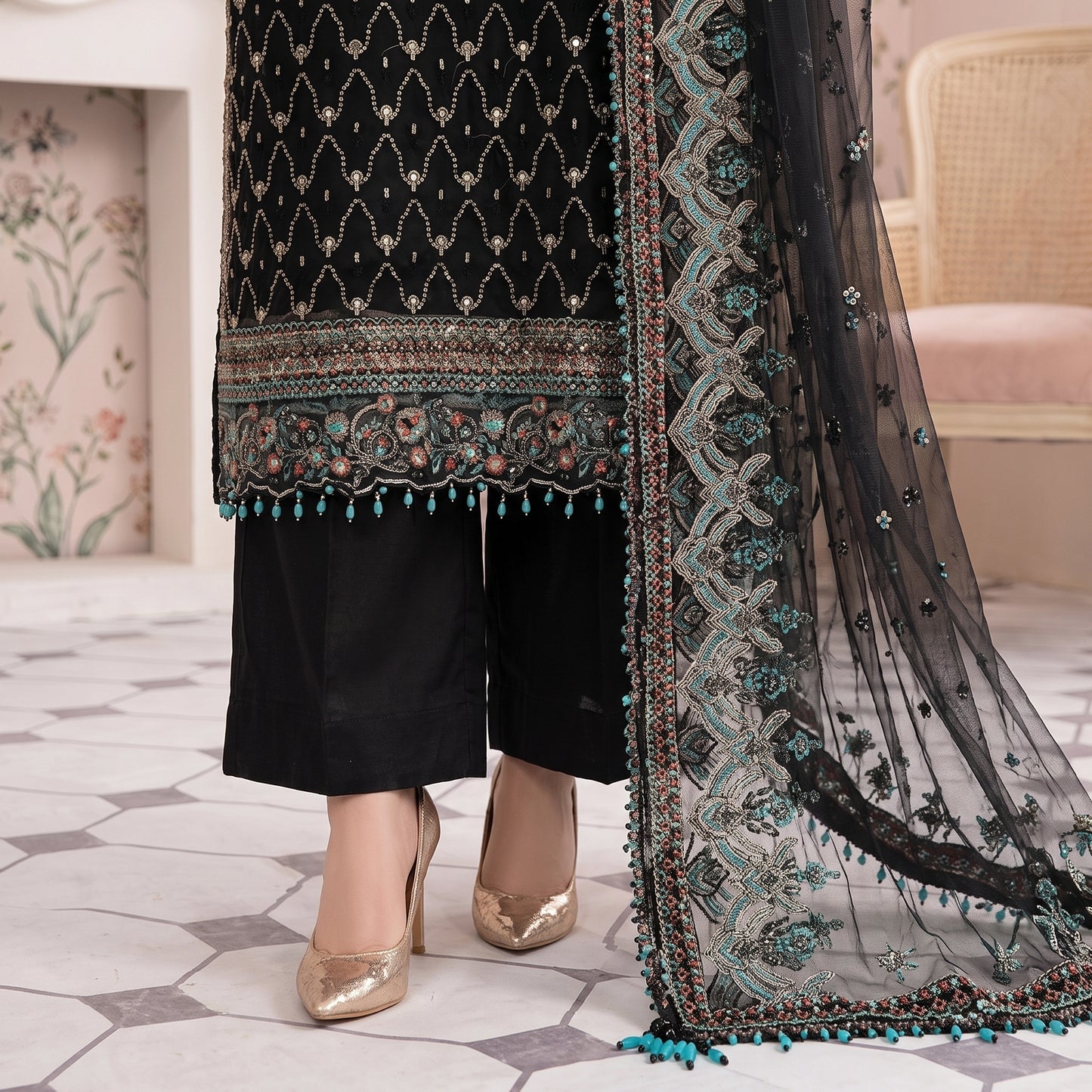 Midnight Opulence embroidered net dupatta in black and teal