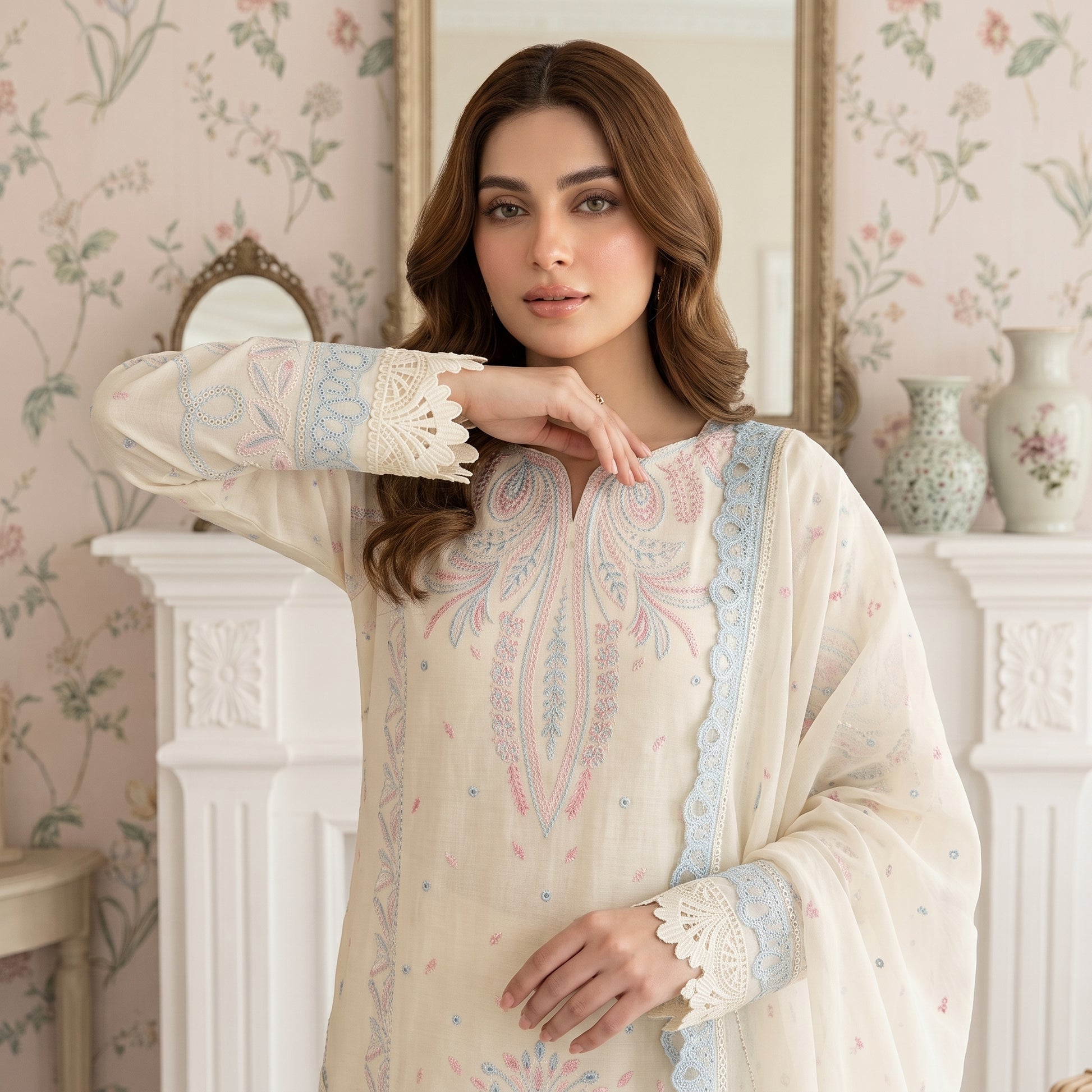 Ivory Bloom cotton net embroidered dupatta with matching trouser