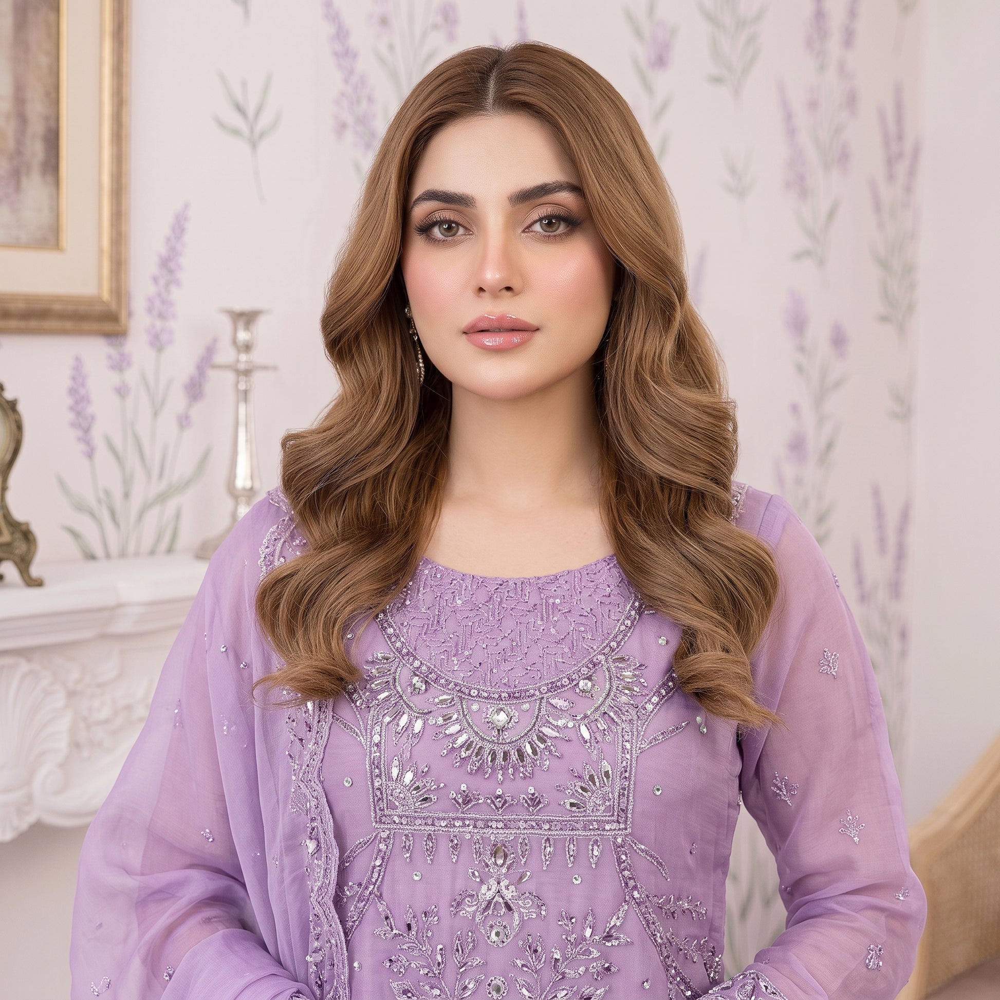 Close-up of embellished neckline on Lavender Majesty organza shirt