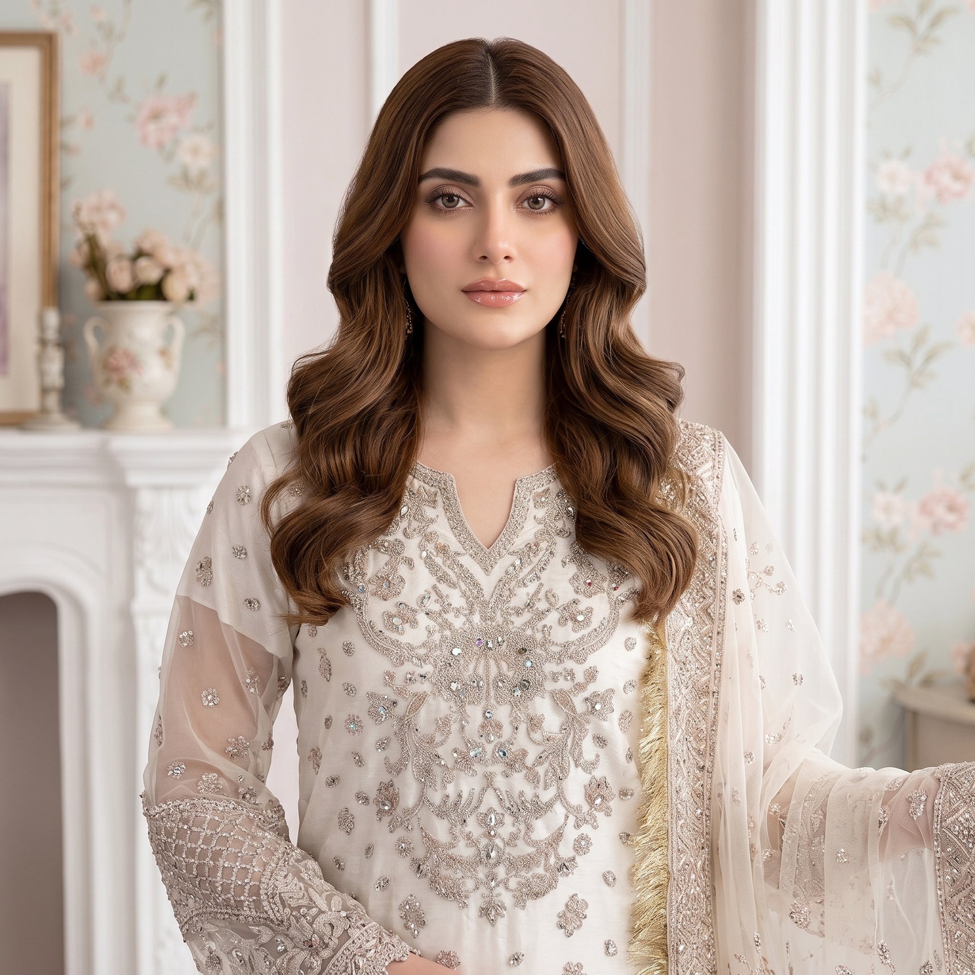 Pearl Elegance embroidered organza dupatta with gold fringed border