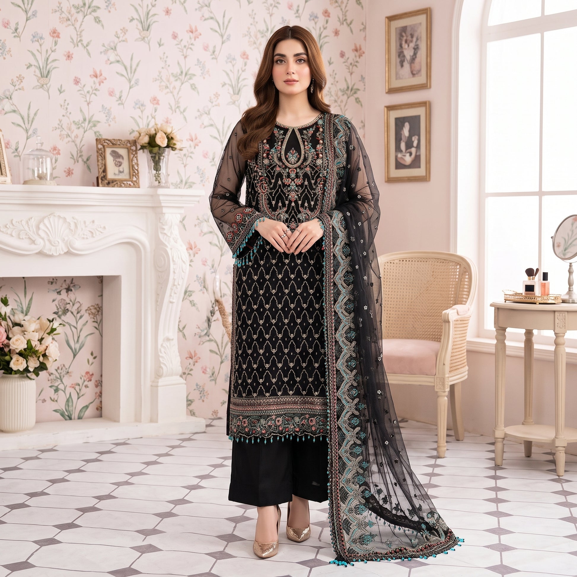 Midnight Opulence embroidered net 3-piece suit by ILHAM PREMIUM