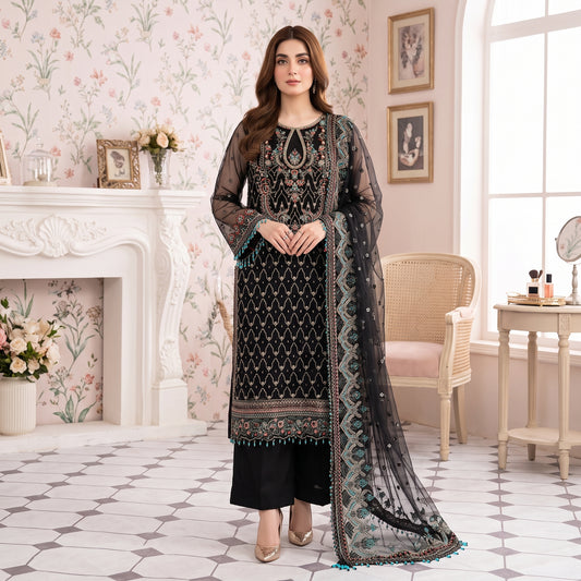 Midnight Opulence embroidered net 3-piece suit by ILHAM PREMIUM