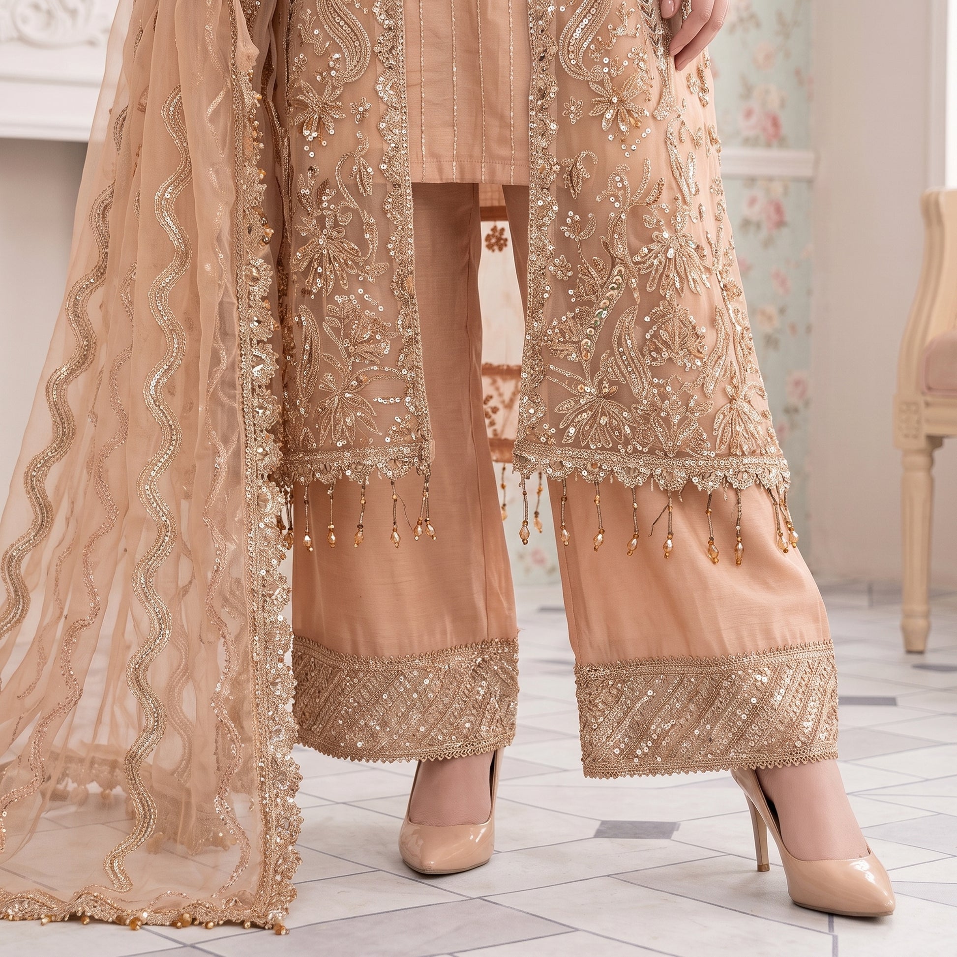 Luxury peach and gold embellished Pakistani formal suit for women by ILHAM PREMIUM