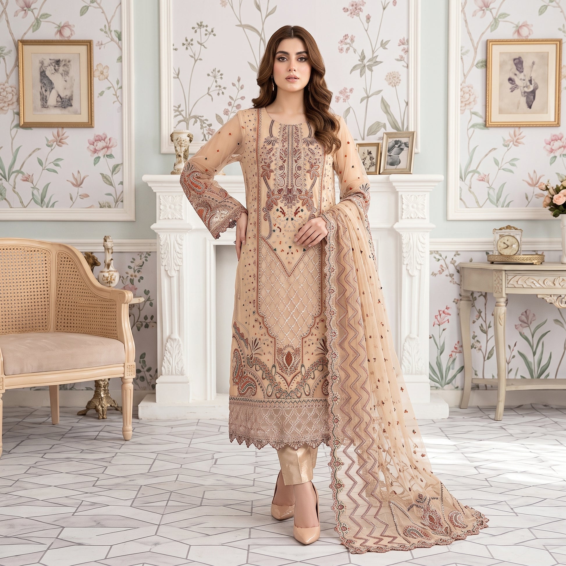 Golden Dusk embellished net 3-piece suit by ILHAM PREMIUM