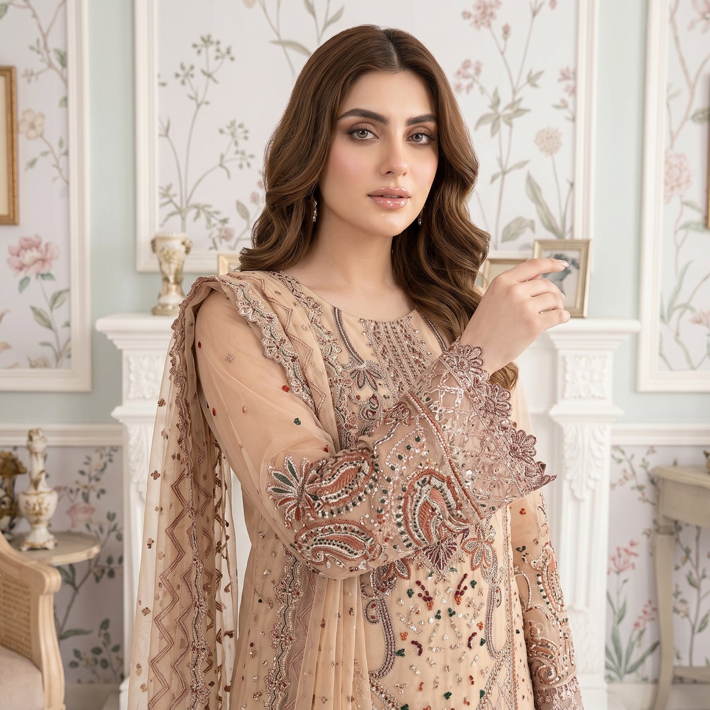 Golden Dusk heavily embroidered net dupatta with chevron border