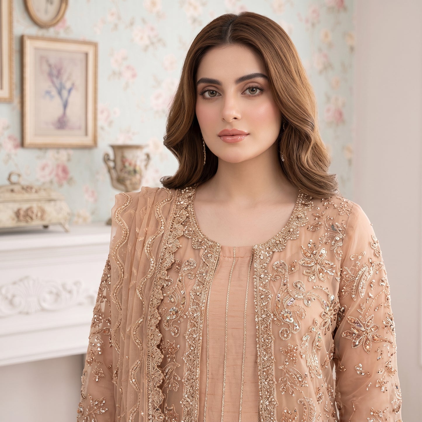 Peach Royale embellished net shirt in peach and gold