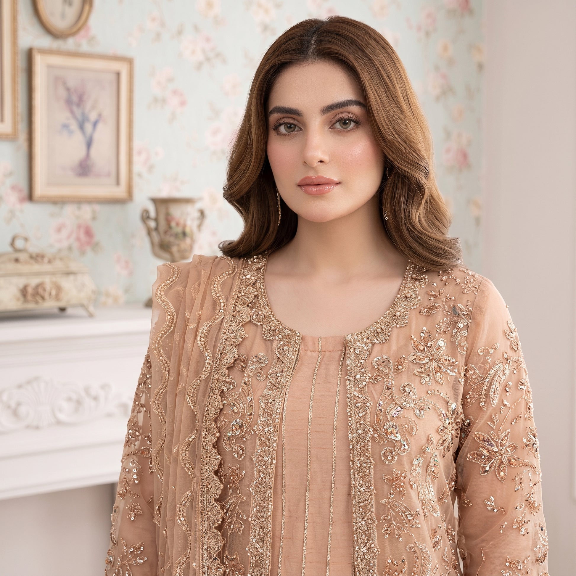 Peach Royale embellished net shirt in peach and gold