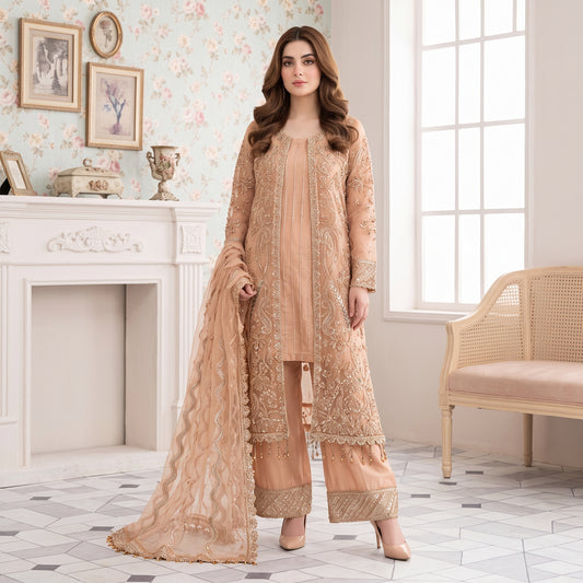 Peach Royale heavily embellished net 3-piece suit by ILHAM PREMIUM