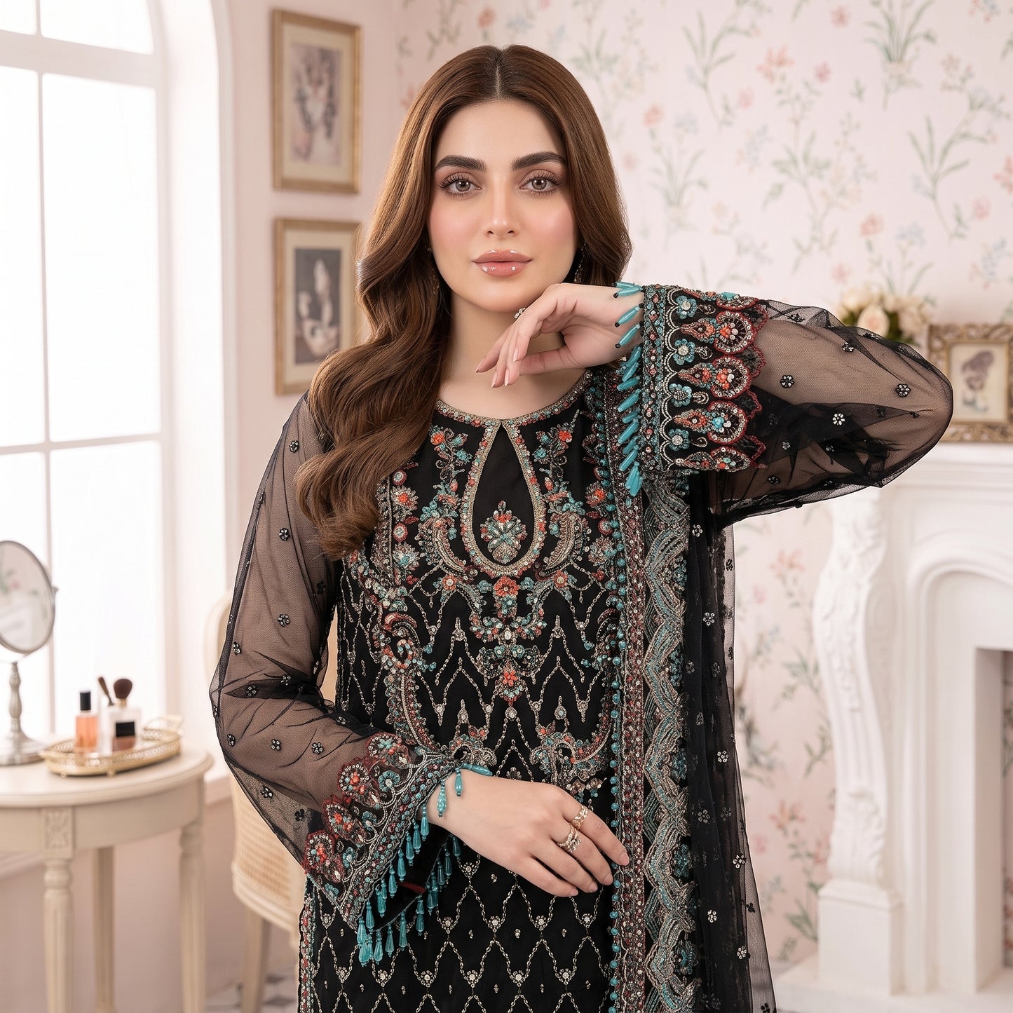 Close-up of heavily embellished neckline on Midnight Opulence embroidered shirt