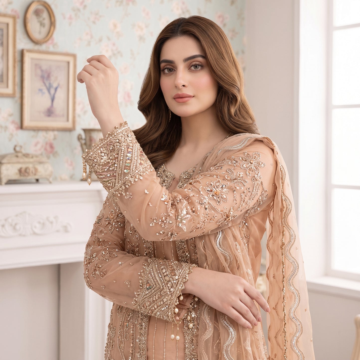 Close-up of intricate embellishment on Peach Royale net shirt